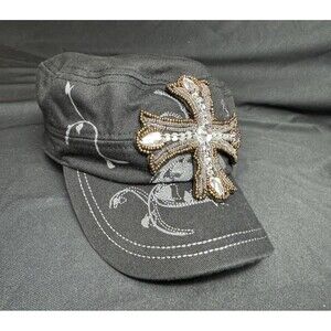Y2K McBling Cadet Hat Style Cap Rhinestone Cross Grunge Goth Rocker 2000s
